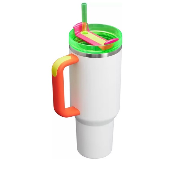 Stanley White Tumbler with Orange Handle and Green Lid - Picture 2 of 3